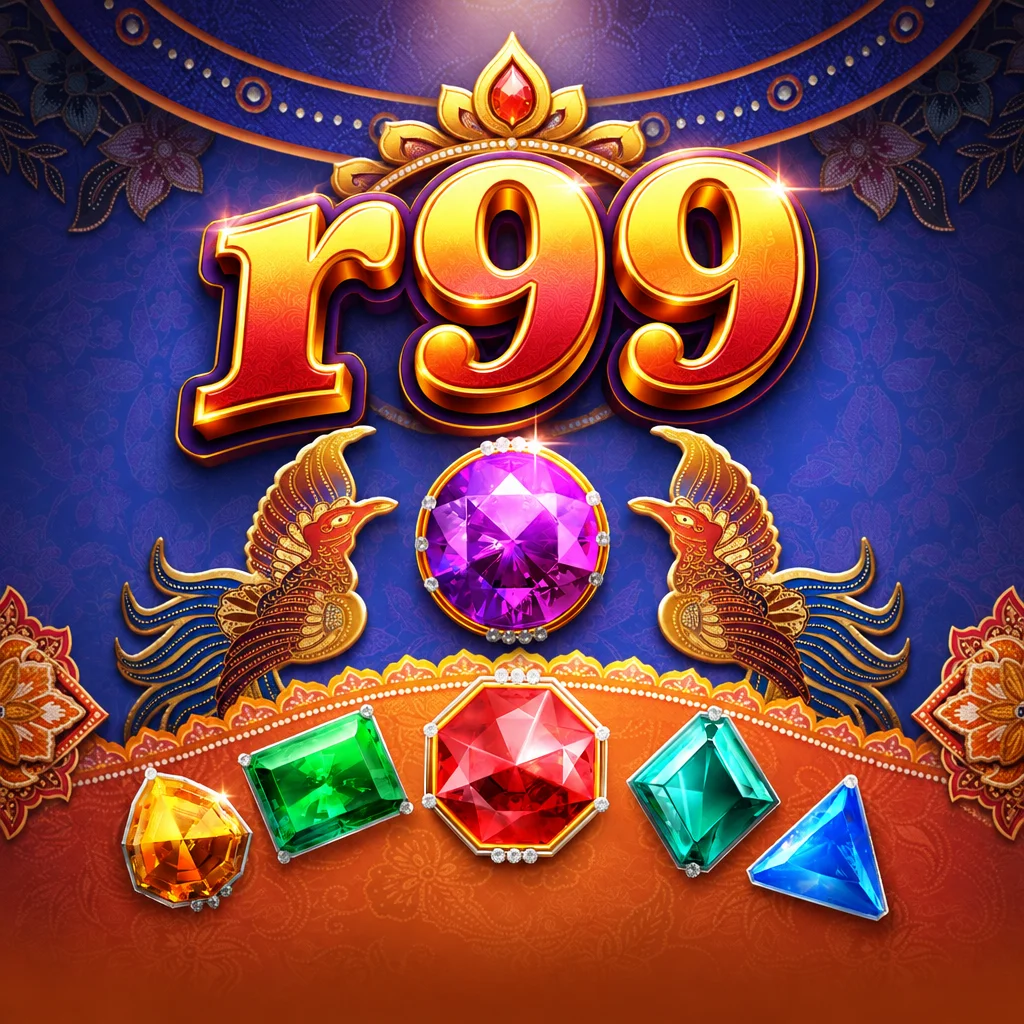 Logo r99 bernuansa emas di atas hiasan permata warna-warni dan burung mitologi Garuda Gems