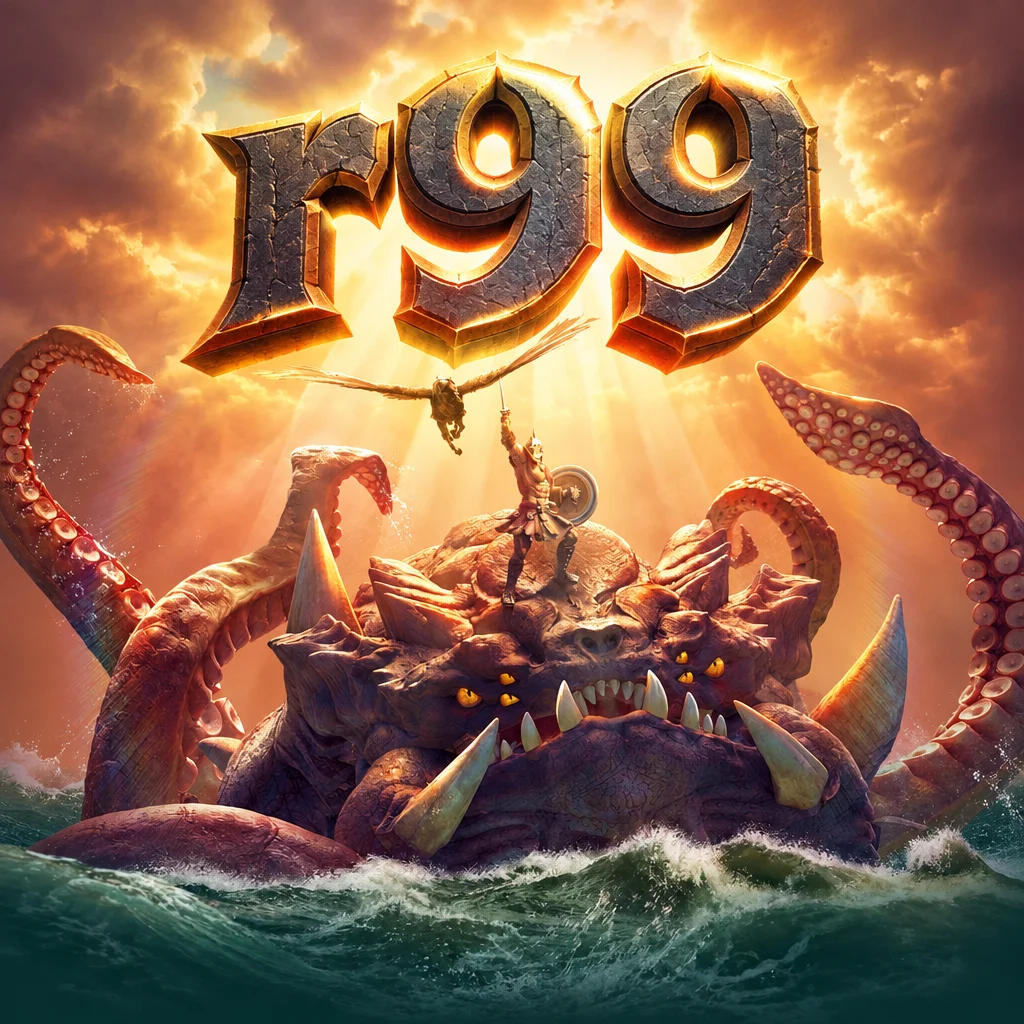 Logo r99 bertekstur batu di atas pertarungan Perseus melawan monster laut raksasa Kraken